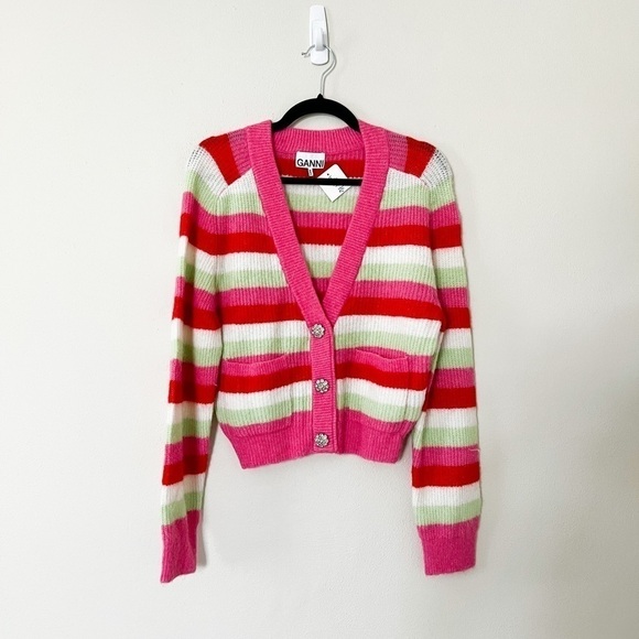 NWT GANNI Stripe Bejeweled Cardigan Pink Sweater XS - Picture 2 of 4